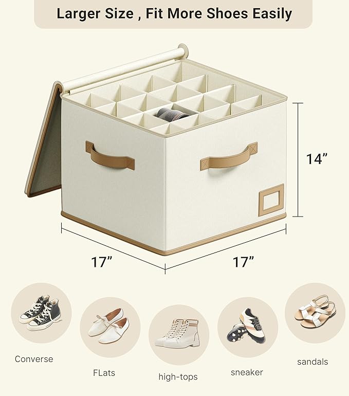 Vailando Shoe Organizer for Closet – Square Shoe Storage Box with Adjustable Dividers, Foldable Shoe Organizer for Shoes & Bo