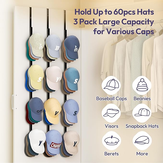 SWTYMIKI Over Door Hat Rack - 3 Packs Metal Hanging Hat Organizer with 12 Hooks Design, Baseball Cap Hanger Organizer Storage