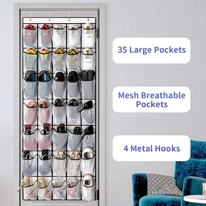 SAVERHO 35 Pockets Over the Door Shoe Organizer, Hanging Shoe Organizer for Door with 35 Mesh Pockets Large Capacity Shoe Han