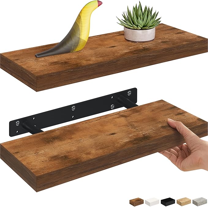 Ballucci Floating Shelves, 16" Wood Wall Shelf Set of 2, with Invisible Brackets for Bathroom, Living Room, Bedroom, Kitchen,