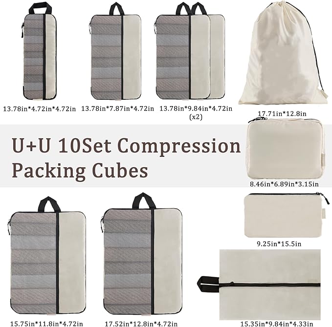 U+U 10 Set Compression Packing Cubes - Ultralight Cream Travel Organizers with Laundry Bag, Space-Saving Suitcase Organizer, 