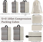 U+U 10 Set Compression Packing Cubes - Ultralight Cream Travel Organizers with Laundry Bag, Space-Saving Suitcase Organizer, 