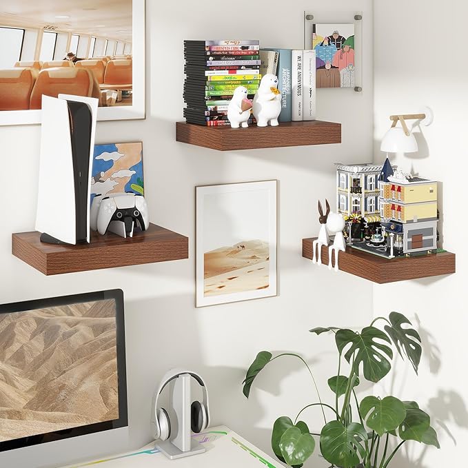 Deep Floating Shelves | 16 Inch Walnut Floating Shelves Set of 2 | 12 Inch Deep Rustic Wood Shelves for Wall | Walnut Shelves