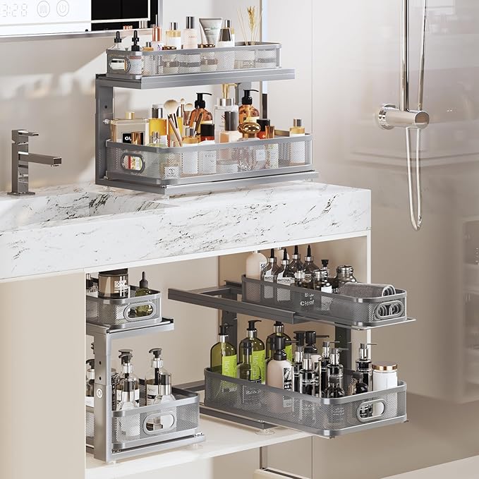 2 Pack 21IN-Depth Under Sink Organizer With Next-Gen Ball-Bearing Slides,2-Tier Precision Mesh Pull Out Cabinet Storage for B