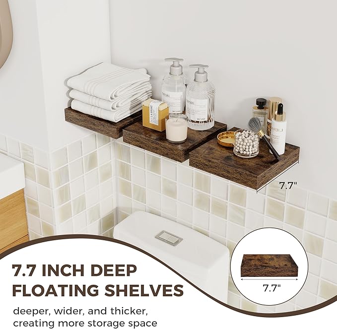 Fun Memories Small Floating Shelves for Wall - 8 Inch Square Wall Shelves with Invisible Brackets, Rustic Brown Shelves for B
