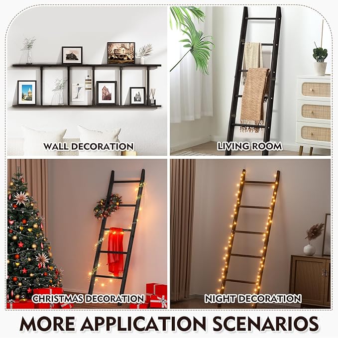 XLHOMO Blanket Ladder for Living Room, 5-Tier Wooden Ladder Shelf, Rustic Decorative Blanket Rack for Blankets, Quilts, Farmh