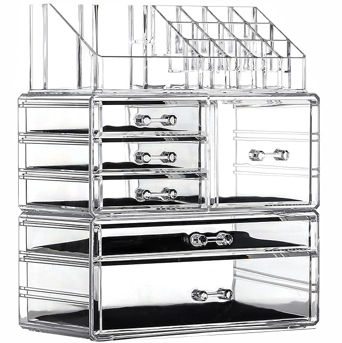 Cq acrylic 3 Pack Clear Makeup Organizer Countertop, Stackable 6 Drawers Skincare Organizer,Cute Skin Care Organizer for Vani