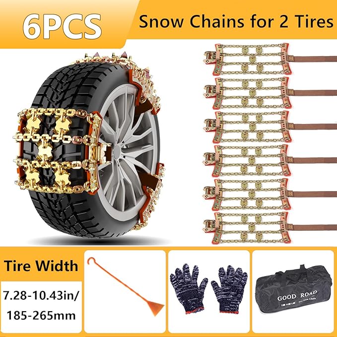 Snow Tire Chains for Cars/SUV/Pickup, Reusable Universal Tire Chains for Ice and Snow, Fit Tire Width 185-265mm, 6PCS