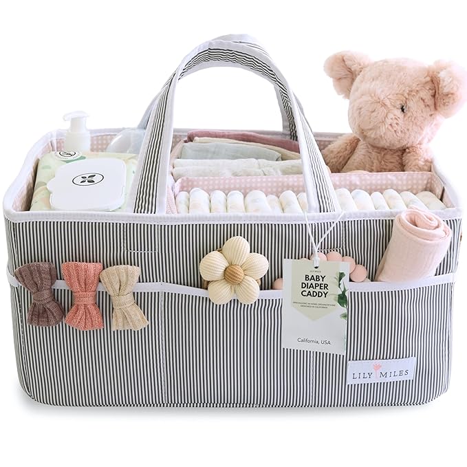 Lily Miles Baby Diaper Caddy Organizer, Girl Nursery Storage Basket with 8 Pockets, Baby Organizer and Storage, Easy-to-Clean