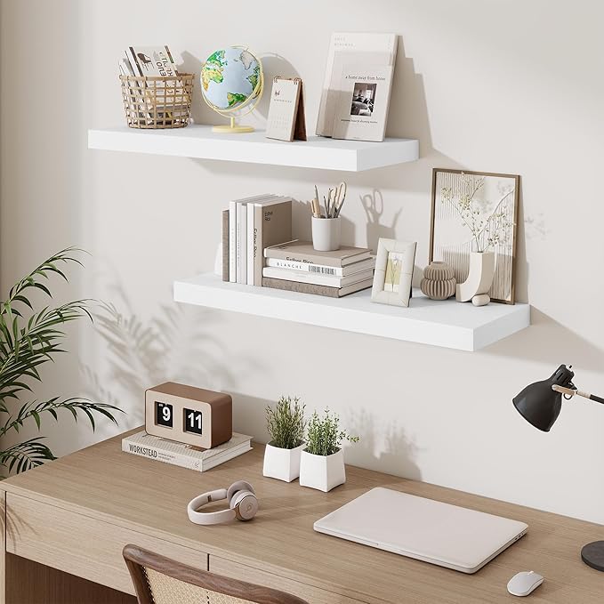 Fun Memories Floating Shelves for Wall, 32 Inch Long Floating Shelves Set of 2, 32 x 10 Wooden Shelves for Wall, Large Storag