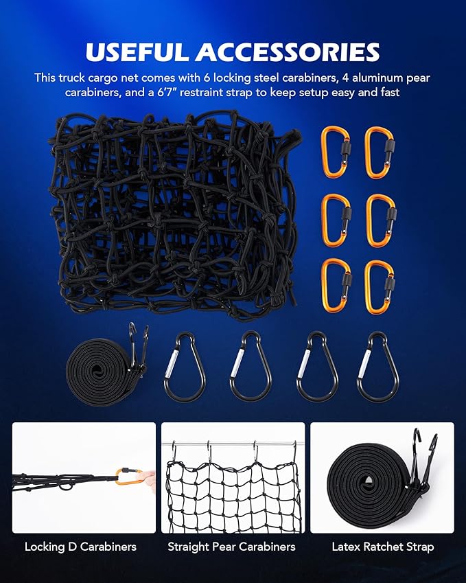 Orion Motor Tech 2'x3' Small Cargo Net with 2"x2" Small Mesh, 4x6 Foot Max Size Cargo Net for SUV Roof Rack Cargo Basket Net with Locking Carabiners, Ratchet Strap, Roof Rack Net