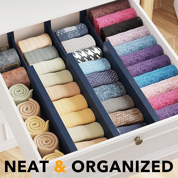 SpaceAid Bamboo Dresser Drawer Dividers 6 Pack, 4.65“ High Adjustable 12.5“-17” Drawer Organizers, Expandable Organization fo