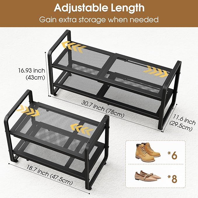 SAYZH Expandable Shoe Rack for Closet, Adjustable Metal Shoe Organizer with Sturdy Mesh Shelves for Boots & Heels, Stackable 