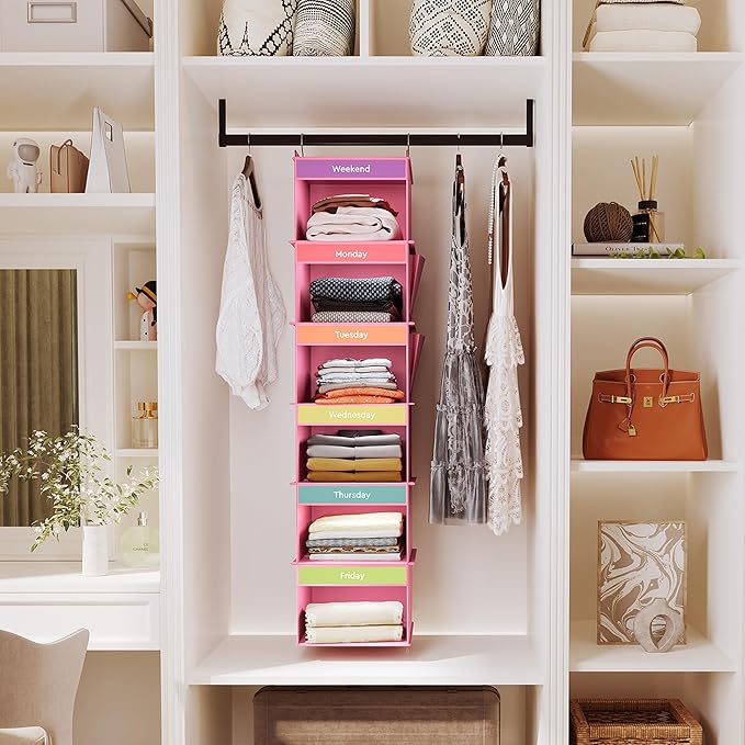 YOUDENOVA 6-Shelf Weekly Hanging Closet Organizer, Weekly Clothes Organizers for Kids with 2 Side Pockets, Pink