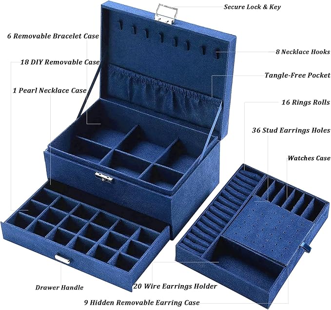 QBestry 3-Layer Jewelry Box for Women with Lock and Key & Drawer, Large Jewelry Organizer with 8 Necklace Hooks & 56 Earring 
