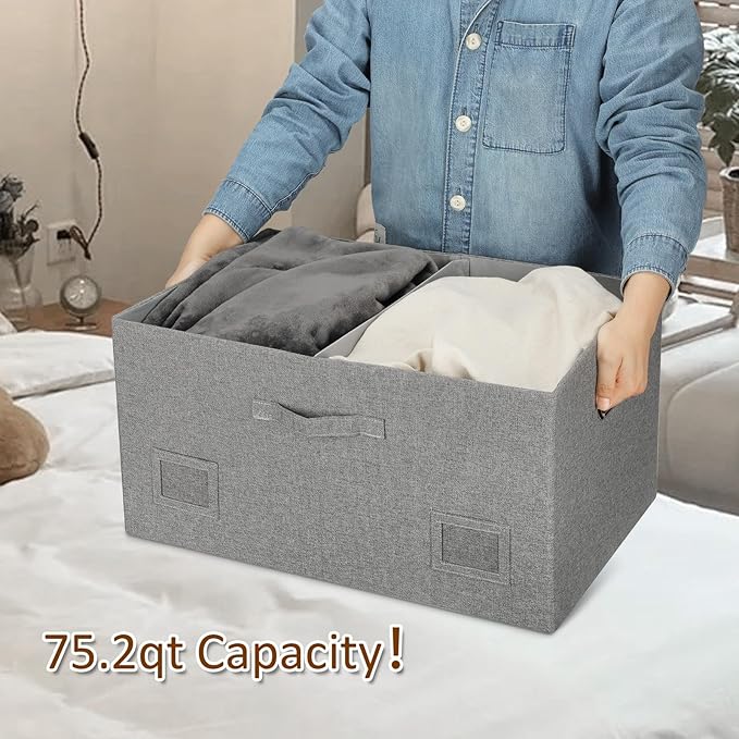 Graciadeco 75 Quarts Extra Large Decorative Storage Bins with Lids, 1 Pack Gray Collapsible Storage Bins with Lids, Stackable