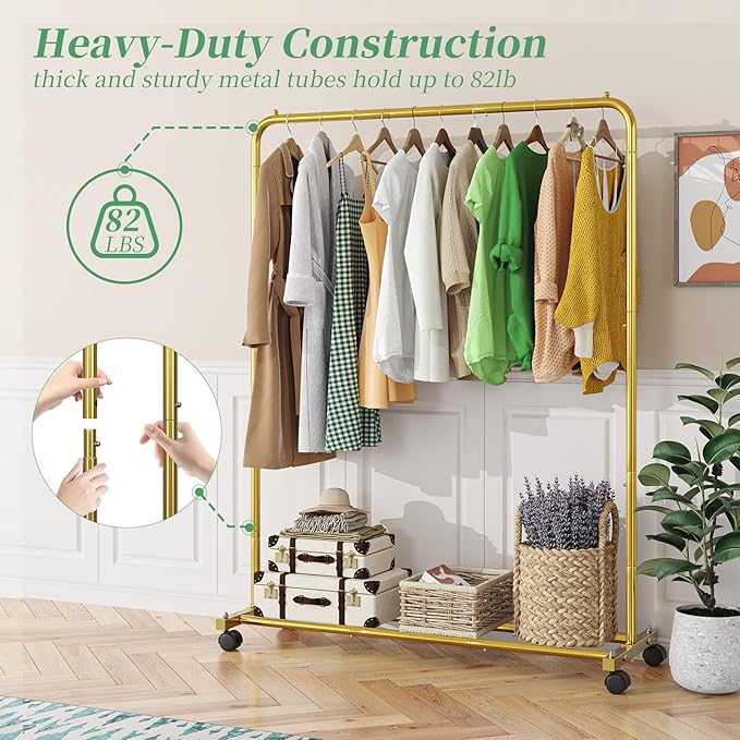 Simple Trending Standard Clothes Clothing Garment Rack with Storage Shelves, Rolling Clothes Organizer on Wheels for Hanging 