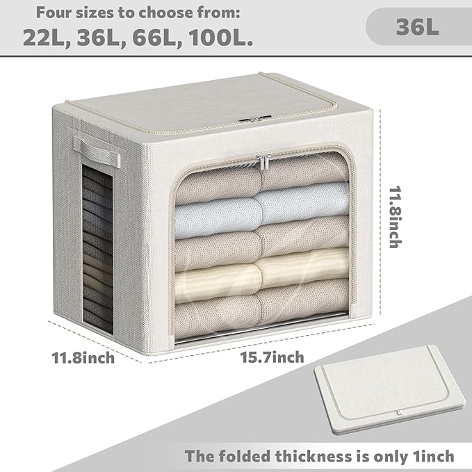 FHSQX 2 Pack Clear Window Storage Bins - Large Stackable Linen Fabric Storage for Clothes Foldable Container Organizer Set wi