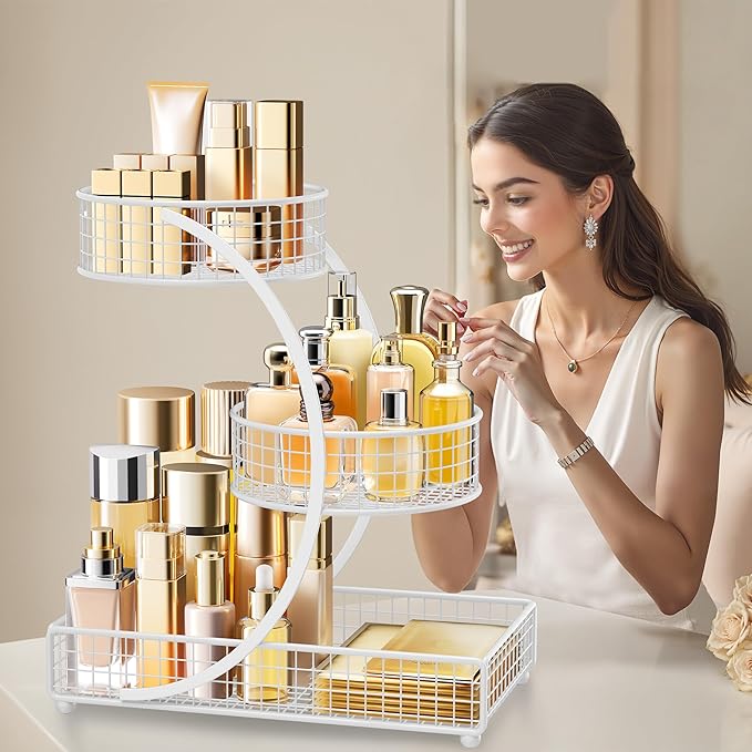 HBlife Makeup Organizer for Vanity, 3 Tier Metal Bathroom Countertop Organizers Skin Care Storage, Bathroom Counter Shelf Ski