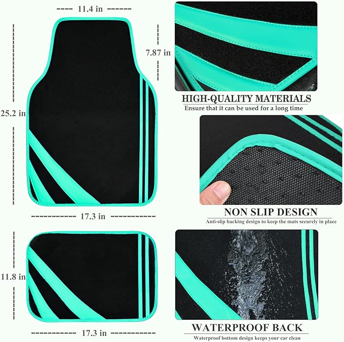 CAR PASS Mint Green Edge Leather Car Floor Mats, Universal Car Mats with Double Stitch Line and Anti-Slip Backing Design, for