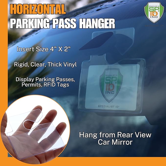 2 Pack - Clear Horizontal Vehicle Parking Permit Pass Hanger Tag Holder - Hangs from Car Rear View Mirror - by Specialist ID