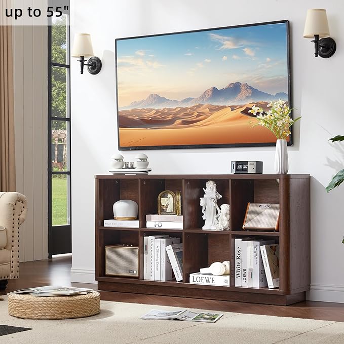 Joaxswe 8 Cube Bookcase, 52" Long Horizontal Book Shelf w/Curved Edge, Floor Standing 2-Tier Cubby TV Stand Bookshelf with Wo