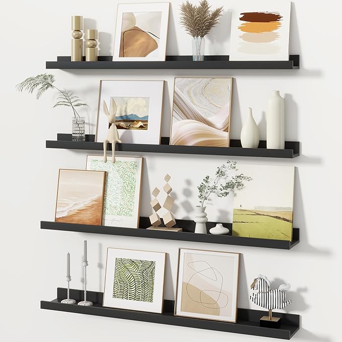 Fun Memories Picture Ledge Shelves Set of 4, 32 Inch Rustic Wall Mounted Floating Shelves with Lip for Home Storage and Décor