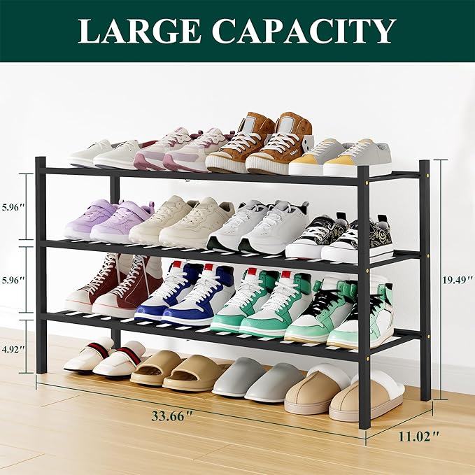 Smiry Shoe Rack, 3 Tier Long Bamboo Shoe Organizer, Stackable Free Standing Wooden Shoe Storage Shelf for Closet, Entryway, F