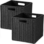 Woven Wicker Storage Baskets 2-Pack, 11x11 Handwoven Paper Rope Organizer Bins, Foldable Cube Storage Cubes with Built-in Han