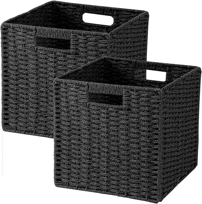 Woven Wicker Storage Baskets 2-Pack, 11x11 Handwoven Paper Rope Organizer Bins, Foldable Cube Storage Cubes with Built-in Han