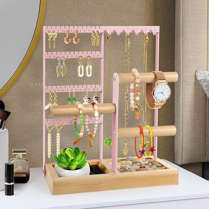 Godboat Jewelry Organizer - Earring Holder with 48 Holes, 6 Hooks Necklace Organizer, Bracelet and Ring Stand with Jewelry Bo