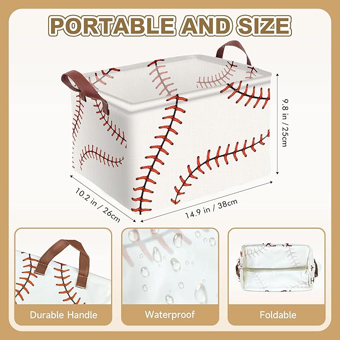 Baseball Decor Storage Basket Waterproof Canvas Toy Storage Bin Baseball Room Decor Collapsible Outdoor Basket with Leather H