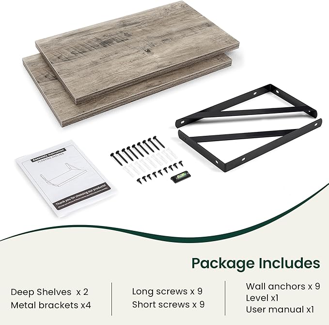 Floating Shelves, 24W x 12D Wall Shelves Set of 2, 12 Inch Deep Rustic Wood Wall Storage, Heavy Duty Metal Brackets, Large In