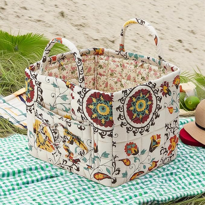 Boho Fabric Storage Basket, Large Capacity Laundry Basket, 12.2'' x 10.23'' x 10.23'' Collapsible Laundry Hamper with Easy Ca