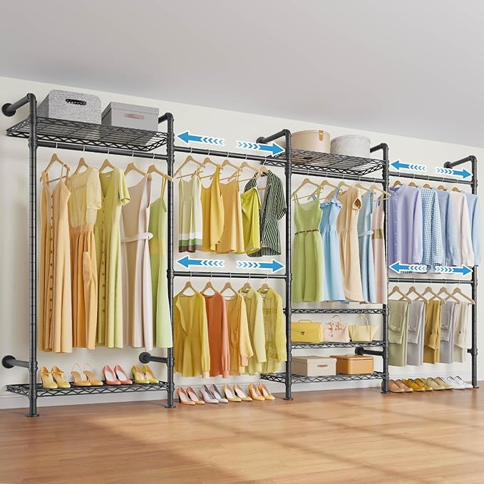 Timate F4 Wall Mounted Clothes Rack Industrial Pipe Clothing Rack for Hanging Clothes, Expandable Garment Rack Heavy Duty War