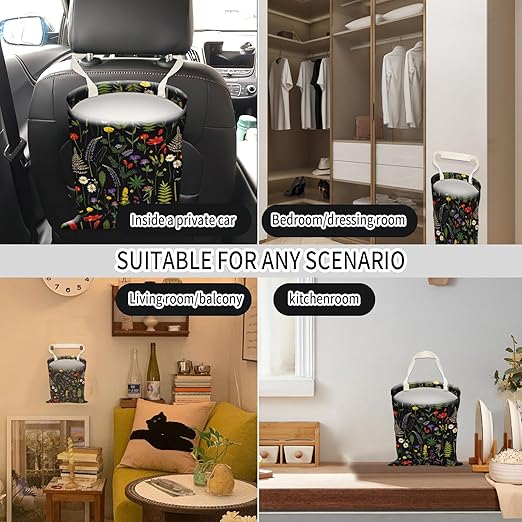 Car Trash Can, Hanging Garbage Bin for Men and Women, Cute Car Organizer and Storage Bag, Canvas Vehicle Trash Can Bag Easy-to-Install Cute Black Floral