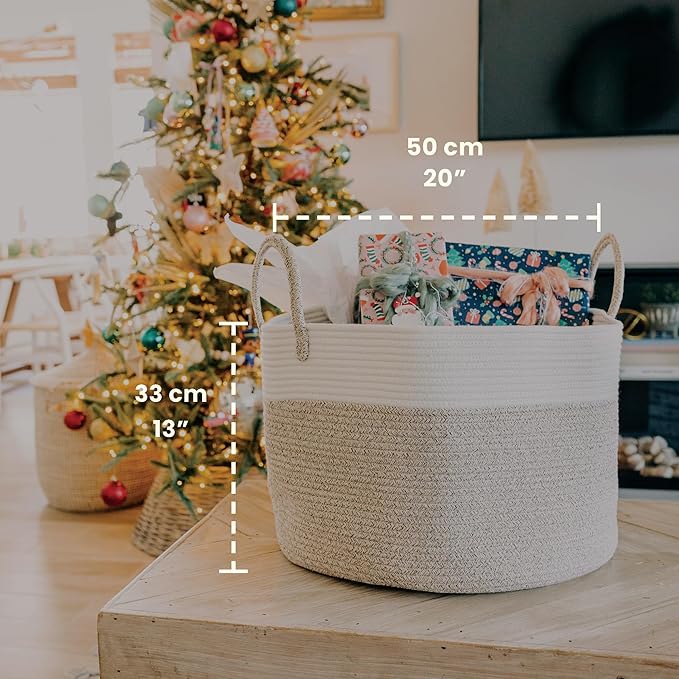 OrganiHaus Large Woven Storage Basket for Blankets and Toys 20" x 13" Inch, Rope Laundry Basket with Handles, Cushions & Pill