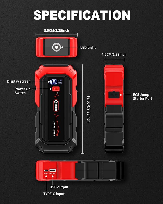 Jump Starter Battery Jumper Starter Portable Car Battery Jump Starter for Up tp All Gas & 12L Diesel, 12V 5000A Portable