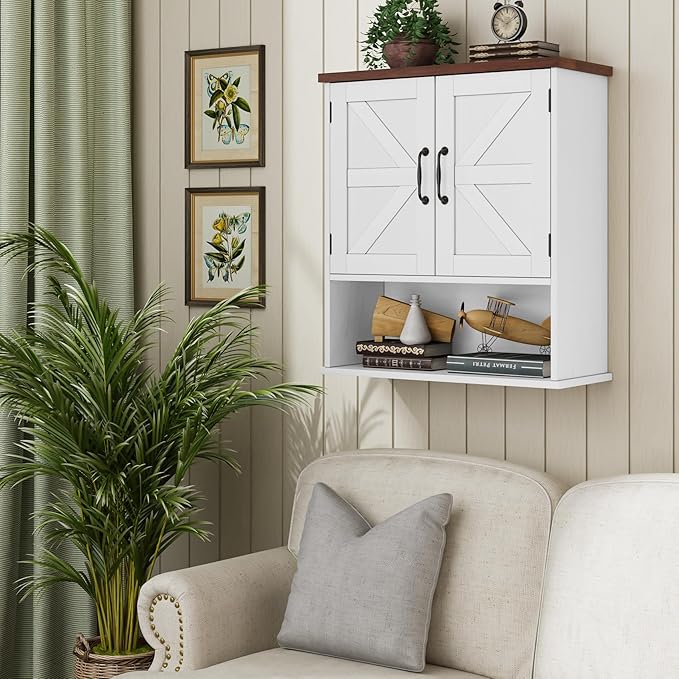 Bathroom Wall Cabinet with Barn Doors, Wall Mounted Bathroom Cabinet, Farmhouse Style, Adjustable Shelf, Wall Mounted Medicin