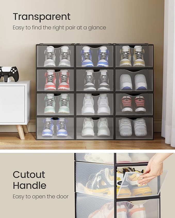 SONGMICS Shoe Boxes, Shoe Storage Organizers Rack for Closet, Plastic Stackable Sneaker Containers Case, 12 Pack, Transparent