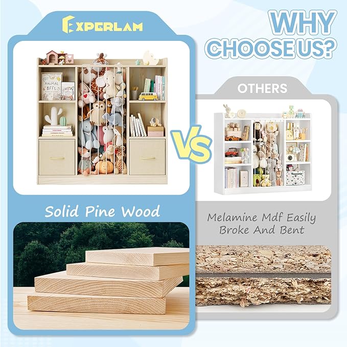 EXPERLAM Toy Storage Organizer with Stuffed Animal Storage, Wooden Toy Organizer & Stuffed Animal Zoo, 6 Cubes Shelf with Rem