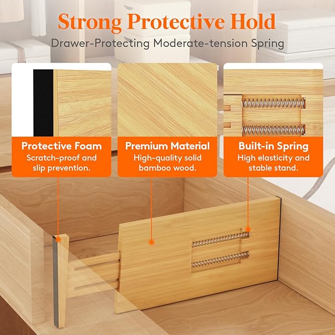 Lifewit 6" High 6 Pack Bamboo Drawer Dividers 33-42cm/13-16.5" Adjustable Wooden Drawer Organizer for Clothes/Utensils, Expan