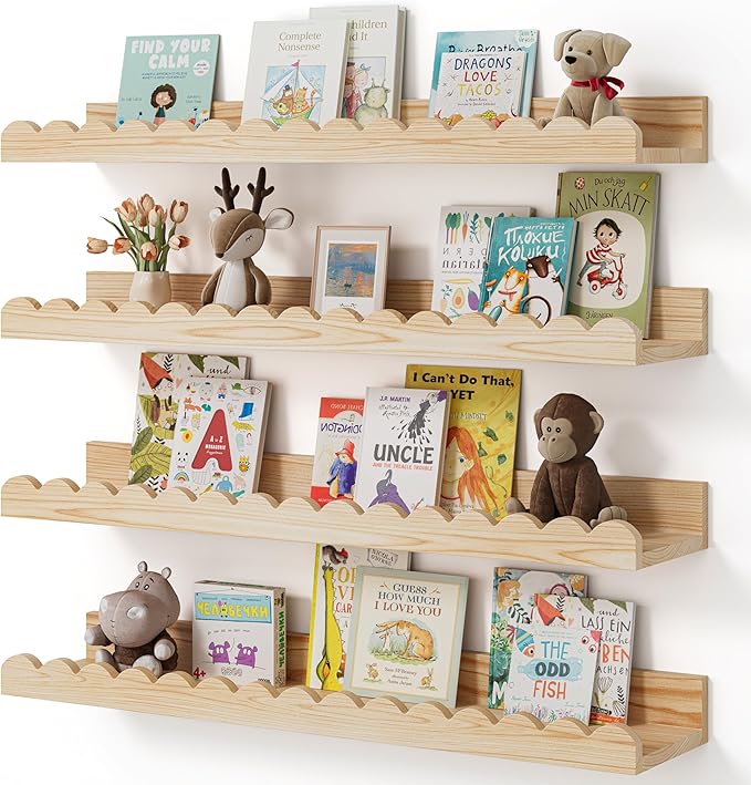 Shario Nursery Book Shelves, 4-Pack Wood Floating Shelves for Wall Kids, Scalloped Shelves, Wall Book Shelves for Bedroom Kid