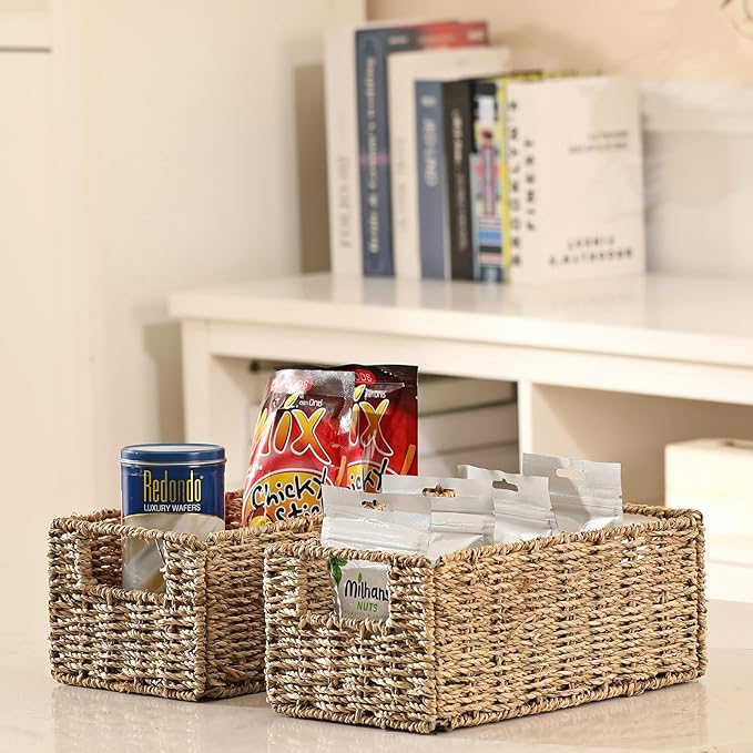 Vagusicc Wicker Storage Basket, Set of 2 Hand-Woven Storage Baskets for Organizing, Small Wicker Basket for Toilet Paper, Fol