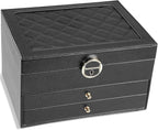 3-Layer Jewelry Box for Women, Jewelry Organizers and Storage with Removable Jewelry Tray, Vintage Quilted Top Lockable Jewel