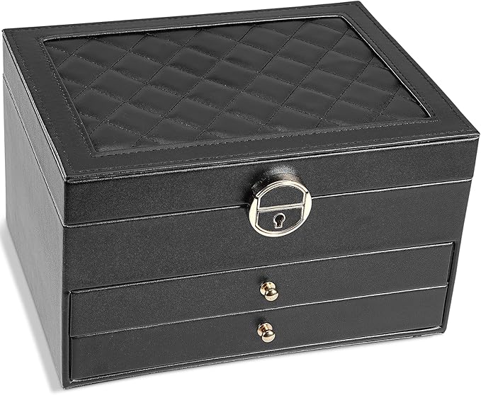 3-Layer Jewelry Box for Women, Jewelry Organizers and Storage with Removable Jewelry Tray, Vintage Quilted Top Lockable Jewel