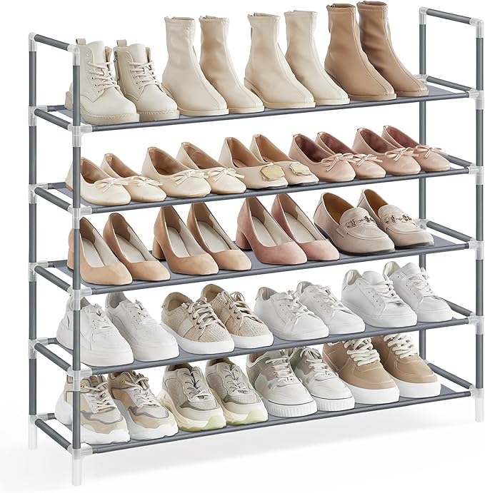 SONGMICS 5-Tier Shoe Rack, Shoe Storage for Hallway Closet, Slim and Space-Saving, Metal Frame, Non-Woven Fabric Shelves, Gre