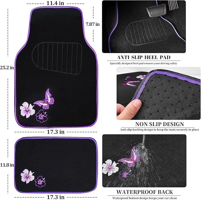 CAR PASS Embroidery Butterfly and Flower Car Floor Mats, Purple Car Floor Mats, Universal Fit 95% Automotive,SUVS,Sedan,Vans,