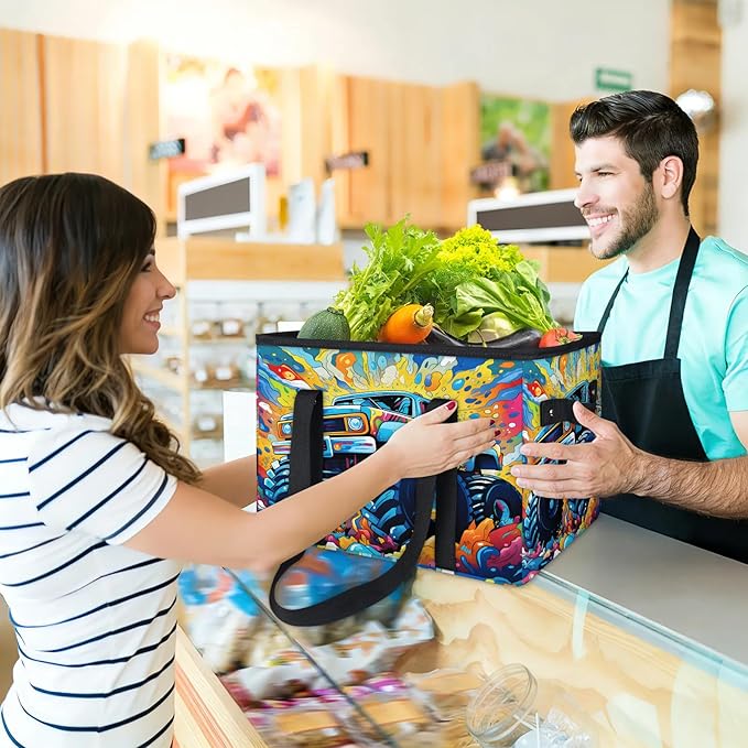 Reusable Grocery Bags Heavy Duty Shopping Bags Foldable Large Tote Bags with Long Handles & Hard Bottom
