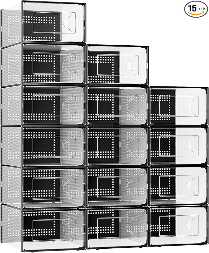 Foluck X-Large Shoe Storage Box, 15 Pack Clear Plastic Stackable Shoe Organizer for Closet, Interlocking Design Shoe Containe